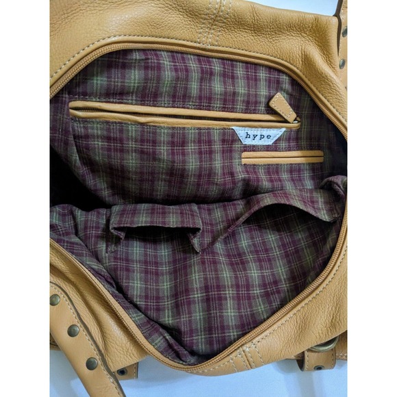 HYPE Genuine Leather Tan Satchel Hobo Bag Purse Studs Studded Bronze Hardware - Picture 7 of 9